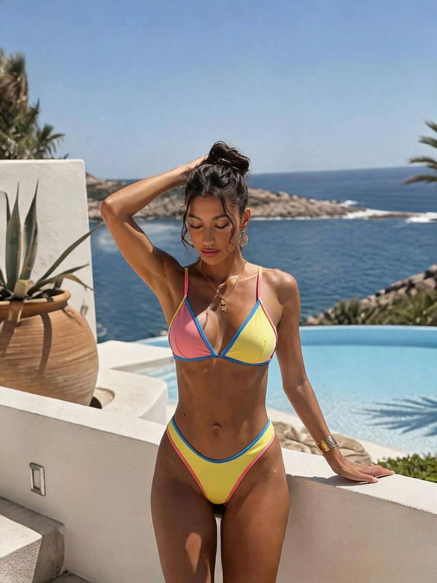 Women's Elegant Yellow & Pink Bikini Set, Sexy Spaghetti Strap Swimsuit - Multicolor - View 1