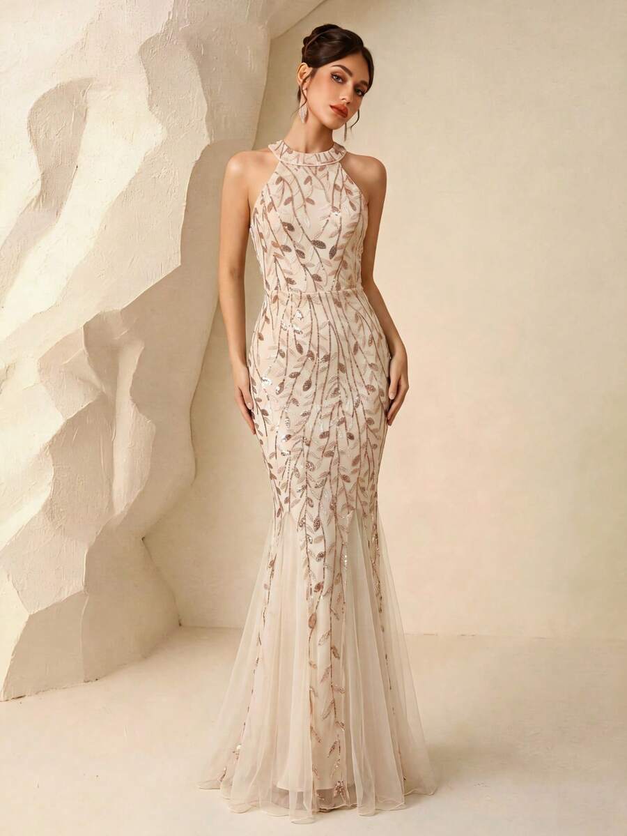Round Neck Off-Shoulder Leaf Pattern Elegant Sequin Mesh Patchwork Mermaid Long Dress For Wedding Party Formal Evening Event All Seasons - Apricot - View 1