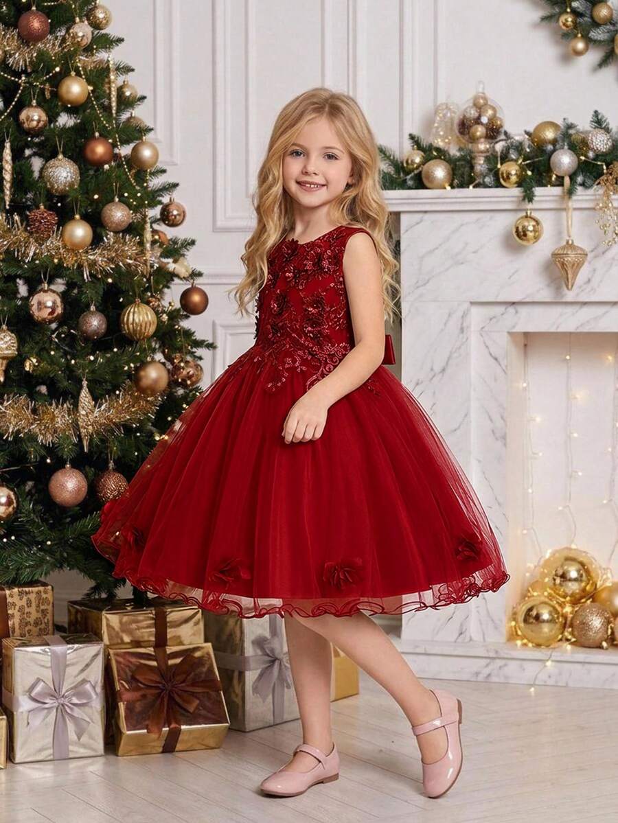 Girls' Solid Color Mesh & Satin 3D Floral Puff Dress, Elegant Birthday Party Dress, Suitable For Prom, Headband Not Included