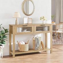 Mesa Consola Para Recibidor Con Cajone De Vidrio Acanalado, Mesa De Entrada Moderna De 2 Niveles Con Estante Abierto, Mesa Estrecha Para Pasillo o Detrás Del Sofá, 110cm, Estilo Industrial/Minimalista - madera natural - Ver 1