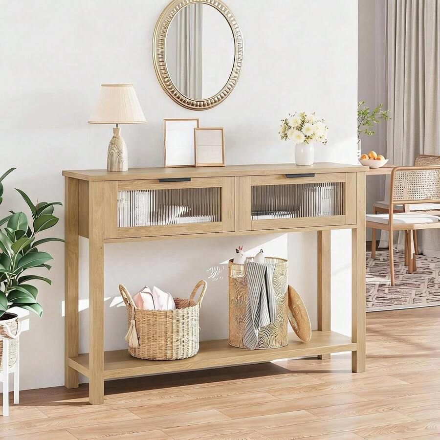 Mesa Consola Para Recibidor Con Cajone De Vidrio Acanalado, Mesa De Entrada Moderna De 2 Niveles Con Estante Abierto, Mesa Estrecha Para Pasillo o Detrás Del Sofá, 110cm, Estilo Industrial/Minimalista - madera natural - Ver 1
