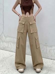 Women High Waist Multi Flap Pocket Wide Leg Cargo Pants, Solid Loose Drawstring Hem Streetwear Trousers,Halloween - Apricot - View 3