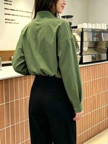 Women's Casual Solid Button Front Stand Collar Long Sleeve Button Cuff Relaxed Fit Shirt Business Office Home Vacation Daily Spring Autumn Winter - Army Green - View 2