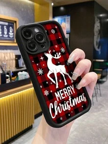1pc Vintage Christmas Red & Black Plaid Deer Snowflake Letter Pattern Thick Anti-Drop Full Coverage Soft Phone Case Compatible With IPhone 11/12/13/14/15/16/17 Pro Max - Multicolor - View 2