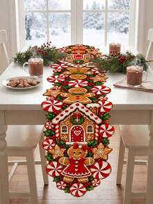 Gingerbread House Candy Theme Asymmetrical Christmas Table Runner, Gingerbread Man, Peppermint Candy, Star Cookie And Holly Element 3D Print Long Table Decor, Sweet Baking Holiday Style, Suitable For Christmas Table Setting, Cookie Exchange, Festive Baking Corner And Winter Family Gathering Display - Multicolor - View 6