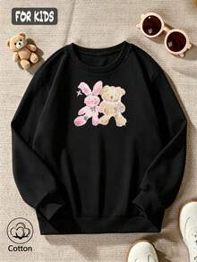 Cute Cartoon Rabbit & Bear Print Girls Sweatshirt, Round Neck Long Sleeve, Comfortable & Warm - Black - View 2