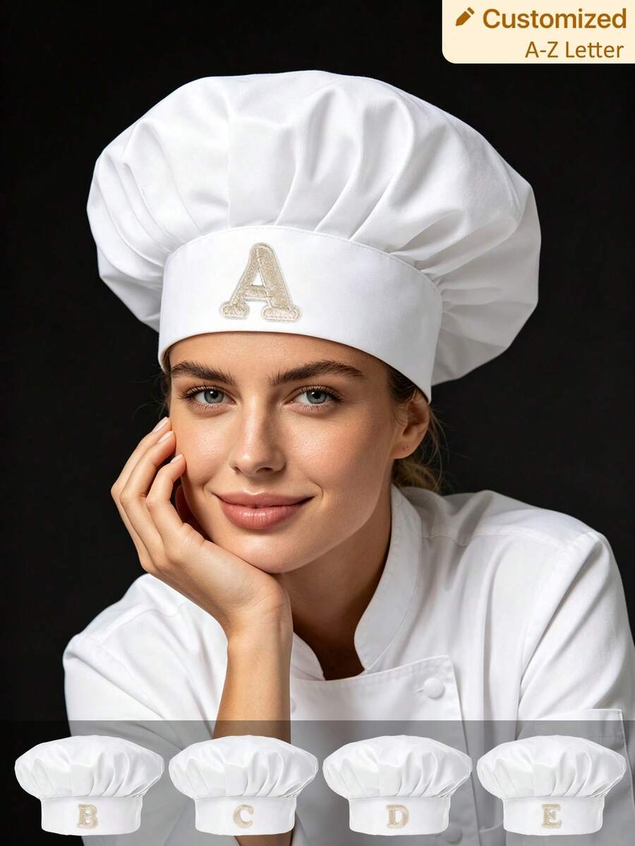 1pc Customized A-Z Letter Women's Chef Hat, Adjustable Elastic Back Cooking Cap, White Kitchen Baking Hat, Suitable For Restaurant, Home, Party - White - View 1