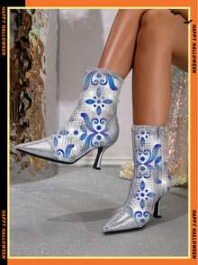 Elegant Women Floral Embroidery Mesh High Heel Ankle Boots, Golden Pointed Stiletto Booties For Wedding Party Evening - Silver - View 2