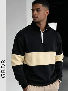 GRDR Men's Half-Zip Stand Collar Colorblock Sweatshirt, American Casual Contrast Stripe Loose Fit Long Sleeve Autumn/Winter Top - Black - View 1
