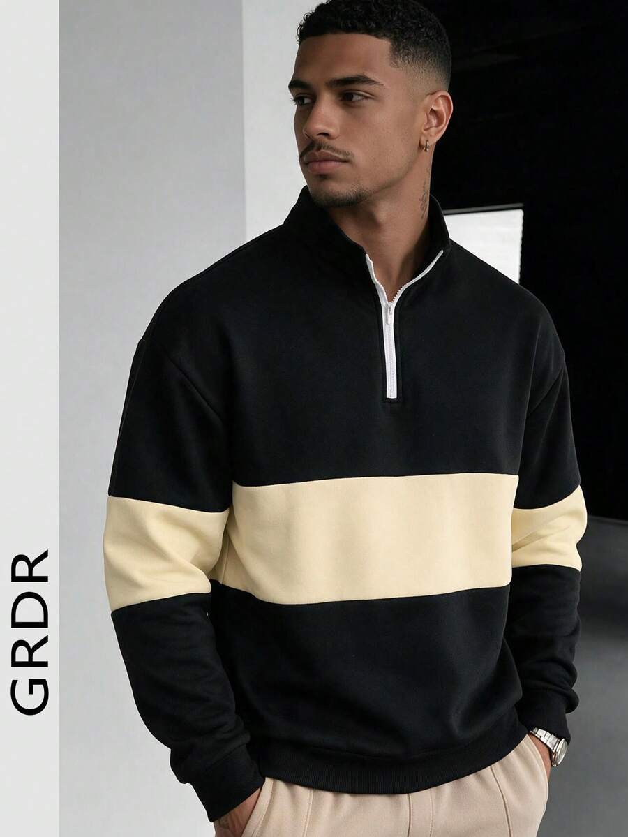 GRDR Men's Half-Zip Stand Collar Colorblock Sweatshirt, American Casual Contrast Stripe Loose Fit Long Sleeve Autumn/Winter Top - Black - View 1