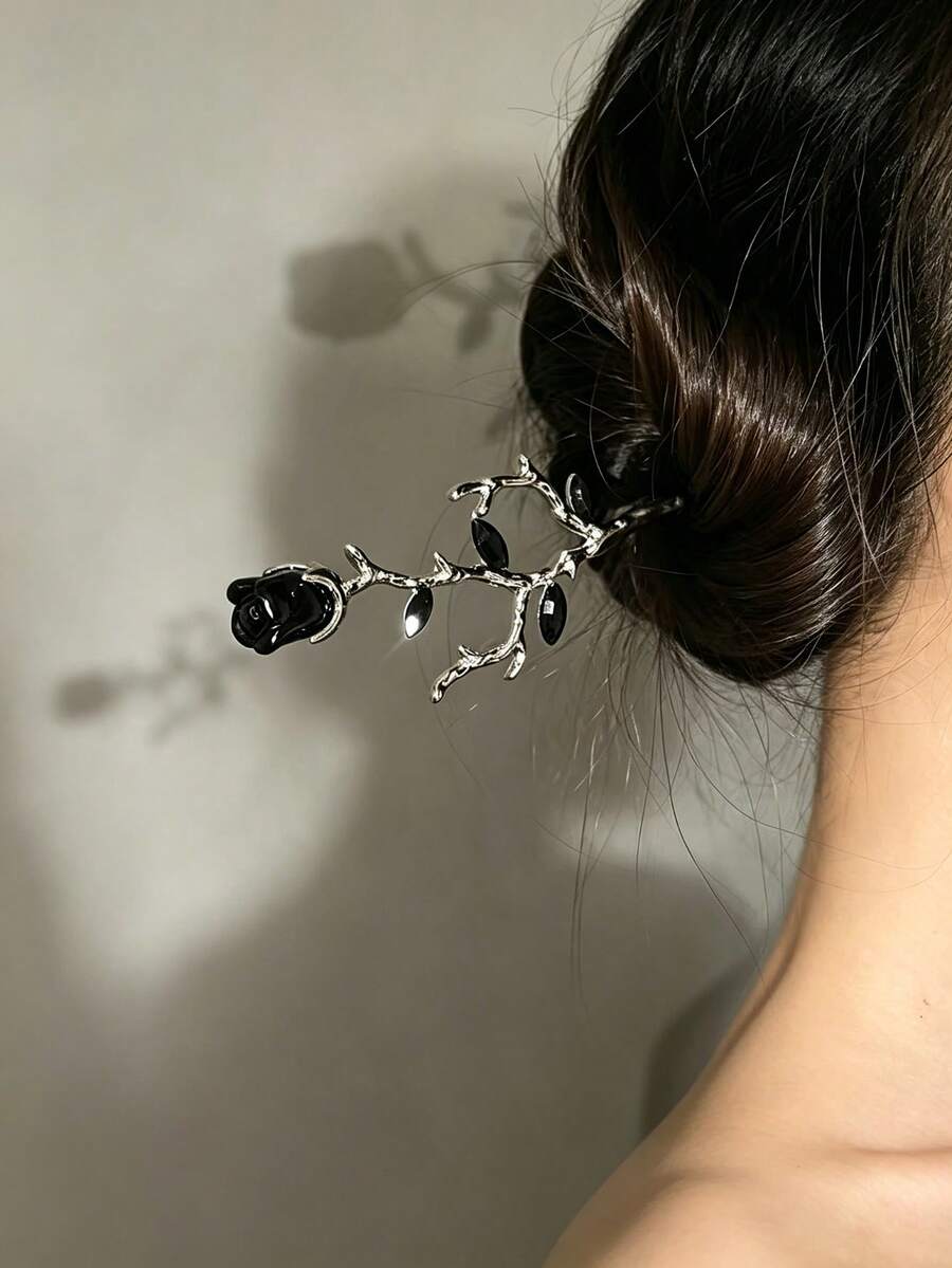 Vintage Rose Hair Stick With Branch Design, Floral Hair Pin For Women's Long Hair, Daily Wear - Multicolor - View 1