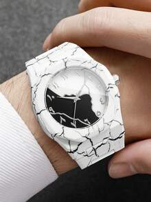 Unisex Plastic Strap Fashion Marble Pattern Arabic Numeral Dial Classic Casual Quartz Wristwatch, Gift For Friends (1pc/Set) Watch Box Not Included, Note: Strap Pattern Position Varies - White - View 2