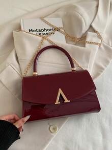 Wine Red Patent Leather Top Handle Bag, Women A‑Shape Metal Buckle Flap Chain Crossbody Shoulder Purse - Burgundy - View 1