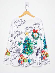 Plus Size Women's Christmas Tree Print Long Sleeve V-Neck T-Shirt, Holiday Celebration Outfit - White - View 4