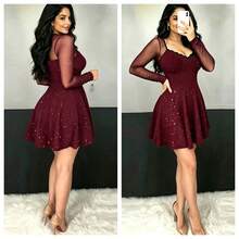 Sexy Sequin Sheer Dress, Elegant Fitted Party Dress, Suitable For All Seasons - Burgundy - View 8