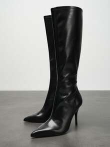 Women's Plus Size Black Pointed Toe Knee-High Boots, Side Zipper Slim Fit Tall Boots, Stiletto High Heel Glossy Solid Color Upper, Suitable For Daily Wear, Dates, Parties, Autumn/Winter Outfits - Black - View 8