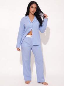 2pcs Set Piyama Wanita Longgar Nyaman Bernapas Atasan Lengan Panjang dan Celana Panjang - Biru - View 3