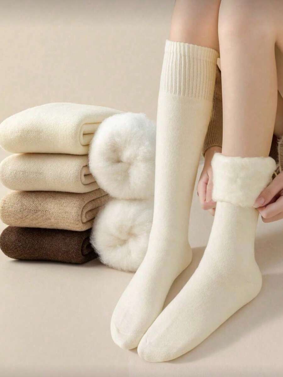 1 Pair Women's Over-The-Knee Socks, Multi-Color Options, Thick Warm Wool Blend, Solid Color Design, Classic Fashion, Suitable For Autumn/Winter, Y2K Style, Comfortable Socks - Multicolor - View 1