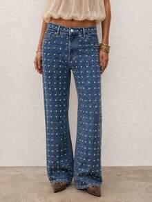 Women Washed Straight‑Leg Jeans With Slant Pockets & Metal Rivets, Heavy‑Duty Punk Western Retro Style, Comfortable. Music Festival, Fits All Figures - Blue - View 2