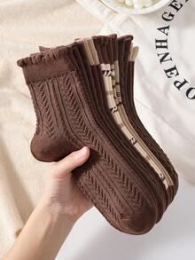 5 Pasang Kaos Kaki Cokelat Kopi Setengah Betis dengan Motif Beruang dan Bunga, Desain Rajutan Kabel, Elegan, Anti Selip, dan Nyaman, Cocok untuk Musim Gugur/Musim Dingin - MultiWarna - View 8