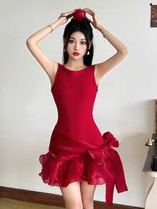 Top Dazzle Elegant Sleeveless Red Bodycon Short Dress With Asymmetrical Ruffle Hem And Big Bow Detail, Perfect For A Formal Event - Red - View 5