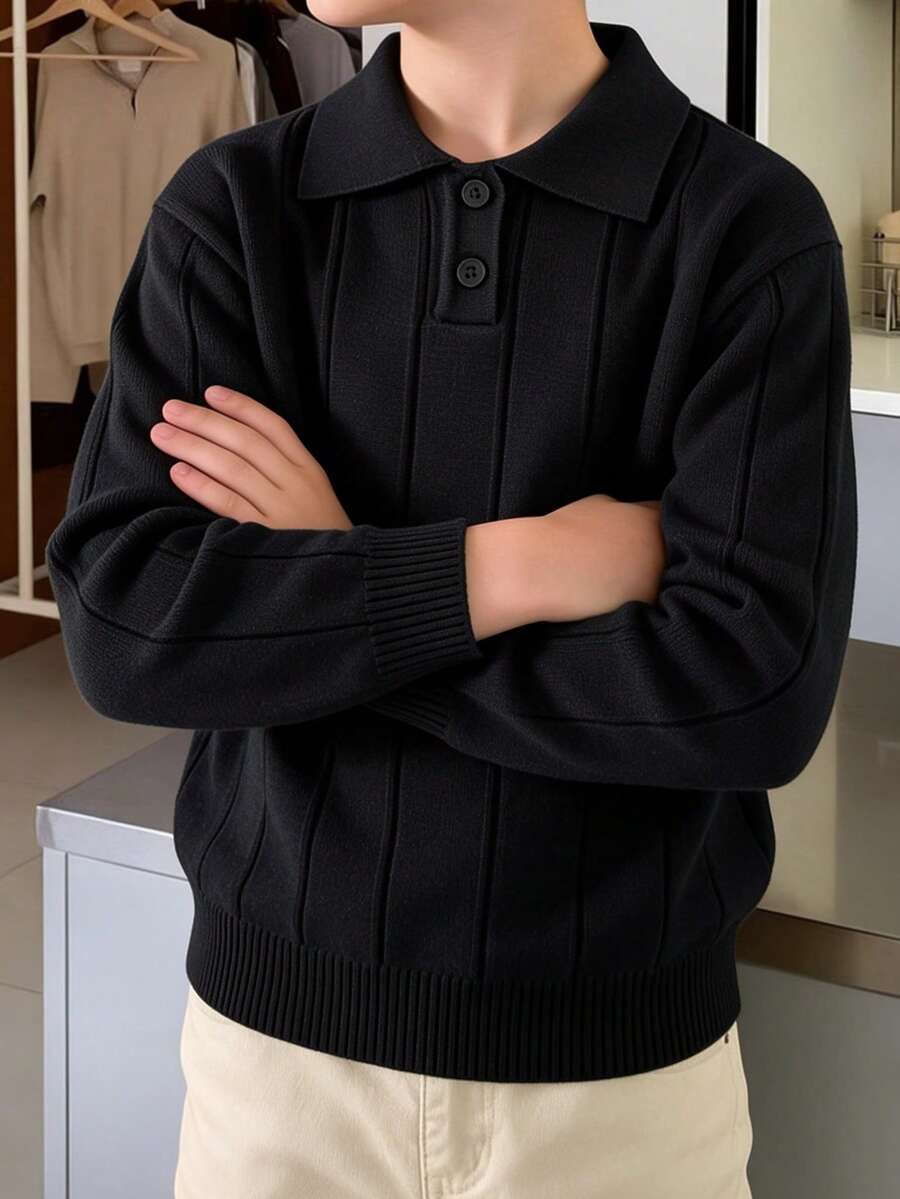 男童秋冬直條紋針織 Polo 衫,休閒長袖鈕扣開襟套頭毛衣,兒童日常穿著 - 黑色 - 查看 1