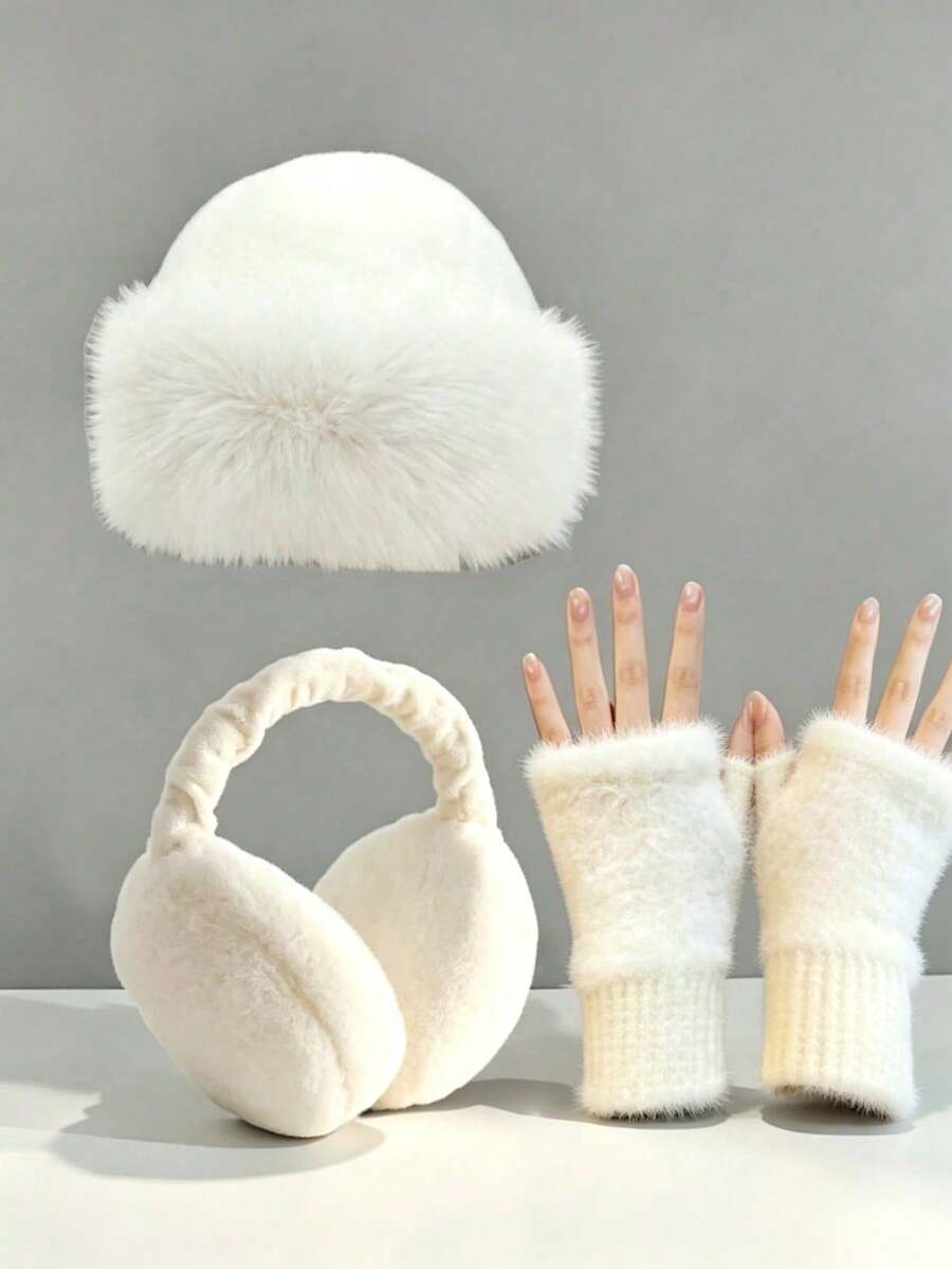 3pcs/1pc Set Soft Faux Fur Winter Hat (With Ear Flaps) And Fingerless Gloves, Warm, Soft, Elastic And Windproof, Suitable For Women And Girls, Y2K Style, Perfect Choice For Christmas And New Year - Multicolor - View 1