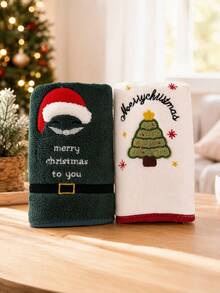 5/2/1pc 13.8*29.5 Inch Hanging Coral Fleece Towel, Christmas Gift, Embroidered Reindeer Tree Pattern, Super Soft Absorbent Quick Dry Face Towel, Hair Wrap, Shower, Makeup Removal, Christmas Bathroom Home Decor - Multicolor - View 13