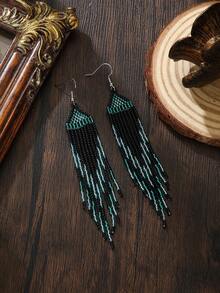 SOUL BEADING أقراط بوهيمية مصنوعة يدويًا بالخرز، أسلوب عطلة عتيق، مزيج ألوان أسود وأخضر، نمط مثلث هندسي، شرابة متدرجة متدلية، إكسسوار موضة أنيق وأنيق - أقراط مصنوعة يدويًا من الخرز - مشاهدة 4
