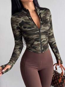 1 buah Jaket Olahraga Wanita Motif Kamuflase Kerah Tegak dengan Resleting, Jaket Lengan Panjang Warna Polos dengan Resleting dan Kerah Tegak, Cocok untuk Pakaian Musim Semi/Musim Gugur - Hijau Tentara - View 1