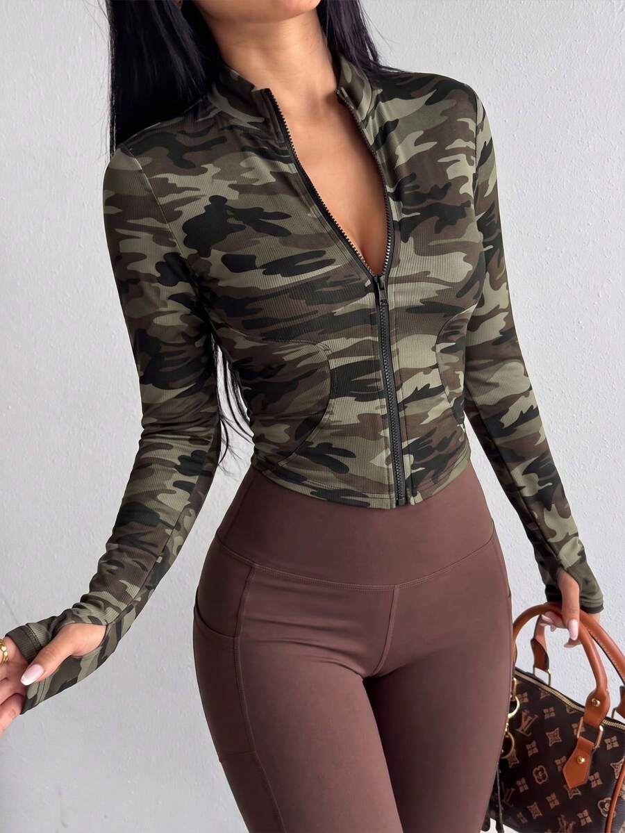 1 buah Jaket Olahraga Wanita Motif Kamuflase Kerah Tegak dengan Resleting, Jaket Lengan Panjang Warna Polos dengan Resleting dan Kerah Tegak, Cocok untuk Pakaian Musim Semi/Musim Gugur - Hijau Tentara - View 1