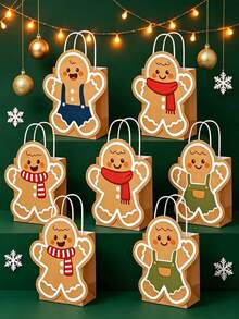 24pcs/Set Christmas Gingerbread Man Gift Bag Set, 12 Hollow Kraft Paper Tote Bags With Handles & 12 Matching Gift Cards, Christmas Party Holiday Gift Packaging Bag Set - Multicolor - View 2