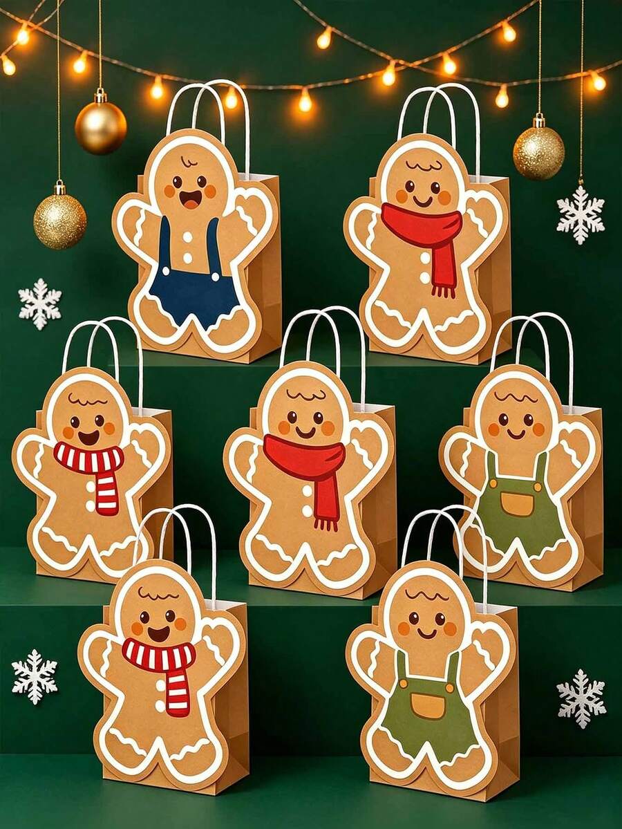 24pcs/Set Christmas Gingerbread Man Gift Bag Set, 12 Hollow Kraft Paper Tote Bags With Handles & 12 Matching Gift Cards, Christmas Party Holiday Gift Packaging Bag Set - Multicolor - View 1