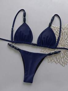 Bikinx Elegant Women's Spaghetti Strap Bikini Set, With Beaded Details And Tie Bottom, High Elasticity Backless Swimsuit - Navy Blue - View 8