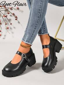 Foot Flair 女款厚底踝帶經典舒適瑪麗珍鞋，尺寸 35-43 - 霧面黑色桃心扣 - 查看 7