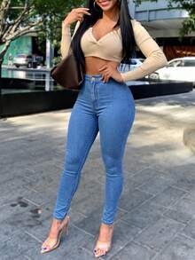 Women's Sexy Casual Denim Skinny Pants With Pockets And Zipper, Mid-Stretch, Suitable For Party And Daily Wear - Medium Wash - View 5