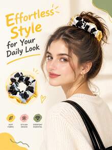 1pc Cartoon Patchwork Cow Print Yellow Plaid Large Scrunchie, Suitable For Daily Half-Up Hairstyle, Full Hairstyle, Party Outfit, Cosplay, Theme Party, Holiday Outfit - Multicolor - View 4