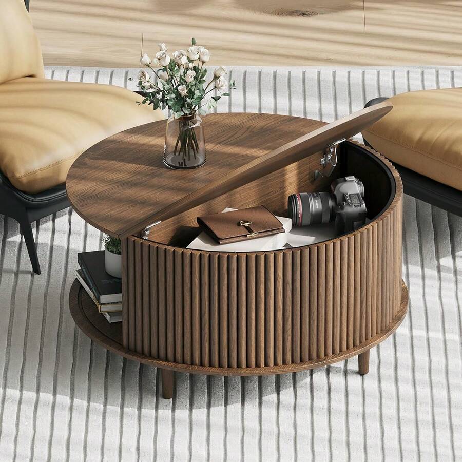 Mesa de centro redonda con almacenamiento, mesa de centro moderna de mediados de siglo con puerta corredera, mesa de centro de madera para sala de estar, mesa central pequeña de 31.5 - Negro - Ver 1