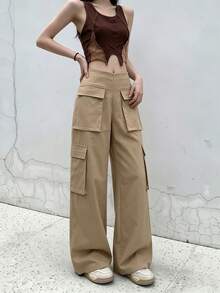 Women High Waist Multi Flap Pocket Wide Leg Cargo Pants, Solid Loose Drawstring Hem Streetwear Trousers,Halloween - Apricot - View 5
