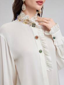 Rich Radi Q's Women's Elegant White Ruffle Collar Blouse, Rhinestone Embellished, Long Sleeve Woven Fabric Top, Fashionable Autumn Outfit - White - View 7