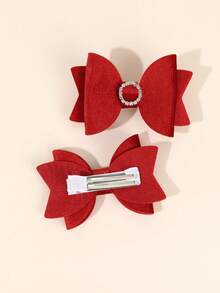 2pcs Red Hair Bow Clips With Rhinestones For Women,Solid Color Hair Bows,Elegant Fashion Hairpins,Fall Winter Daily Hair Accessories - Red - View 6