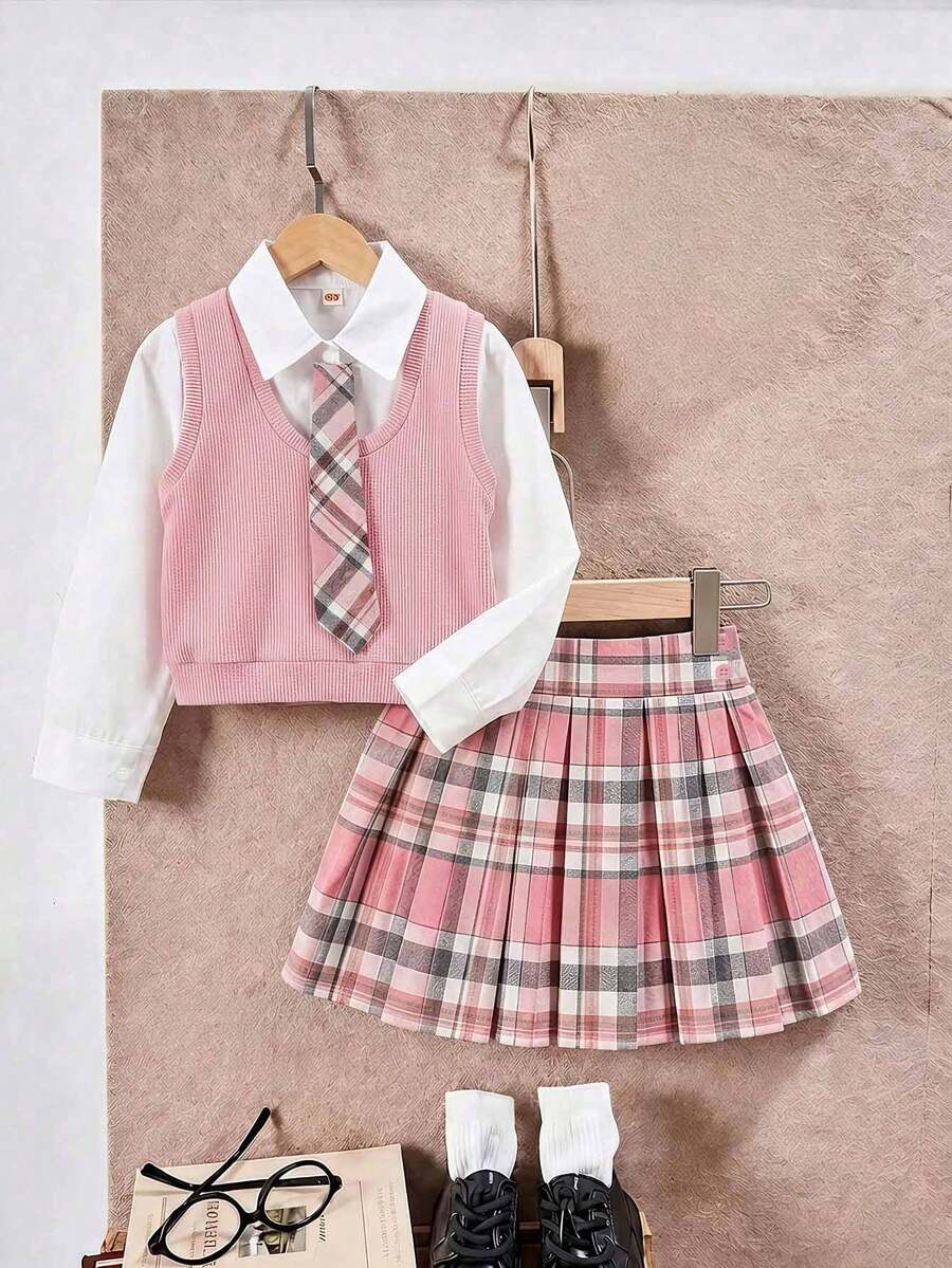 Girls' Fashion Casual Set, Simple Casual Shirt, Fashion Striped Tie, Pink Vest, And Pink Plaid Pleated Skirt - Pink - View 1