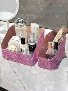 Rhinestone Makeup Organizer, Large & Small Sizes, Single Organizer Or Matching-Color 2pcs Set, Divided Makeup Brush Holder & Nail Art Tool Organizer, Beauty Tool Storage For Vanity, Sparkling Bedroom & Room Decor - Multicolor - View 5