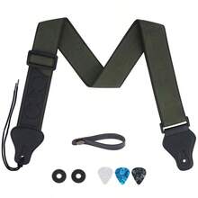 Correia de algodão para guitarra com estojo para palhetas, adequada para guitarras acústicas e elétricas. Inclui 3 palhetas, trava de correia e adaptador para headstock. Comprimento ajustável. Tecido de algodão macio e resistente. Adequada para guitarras acústicas e elétricas. - Verde Militar - Visão 1