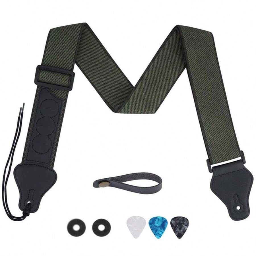 Correia de algodão para guitarra com estojo para palhetas, adequada para guitarras acústicas e elétricas. Inclui 3 palhetas, trava de correia e adaptador para headstock. Comprimento ajustável. Tecido de algodão macio e resistente. Adequada para guitarras acústicas e elétricas. - Verde Militar - Visão 1