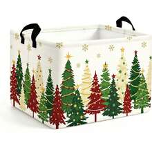 1pc Christmas Tree Print Storage Basket With Handle, Collapsible Rectangular Fabric Storage Bin, Home Decor Organizer For Bedroom Closet - Multicolor - View 5