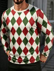Men's Christmas Colorblock Print Long Sleeve T-Shirt Top - Multicolor - View 1