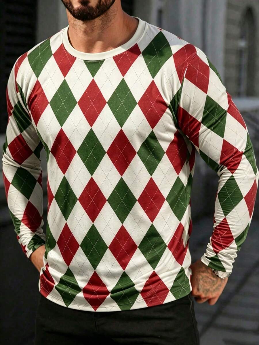 Men's Christmas Colorblock Print Long Sleeve T-Shirt Top - Multicolor - View 1