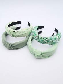 4pcs/Set Women's Green Floral Solid Color Fabric Wide Band Knot Headband, Elegant & Sweet, Suitable For Daily Wear - Green - View 2