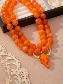 OABE 2pcs/Set Western Cowboy Style Orange Sphere Beaded Handmade Necklace With Orange Bull Head Pendant, Suitable For Women's Daily Wear - Orange - View 6